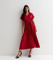 New Look Burgundy Satin Pleated Midi Wrap Dress